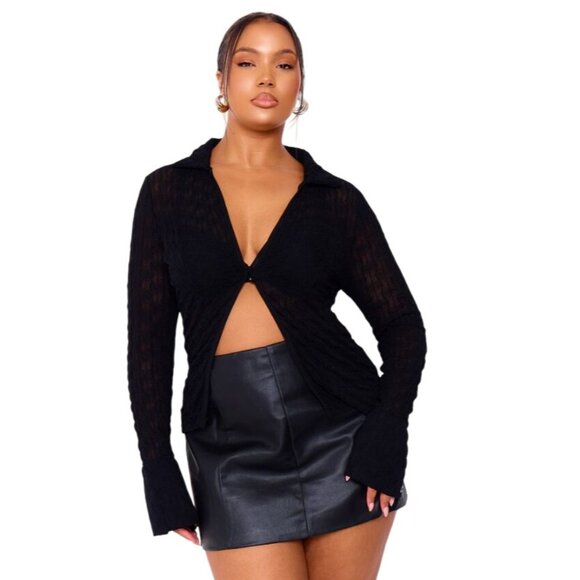 PrettyLittleThing Plus Black Mesh Button Front Shirt - Size UK 20 (US 16) - Picture 1 of 7